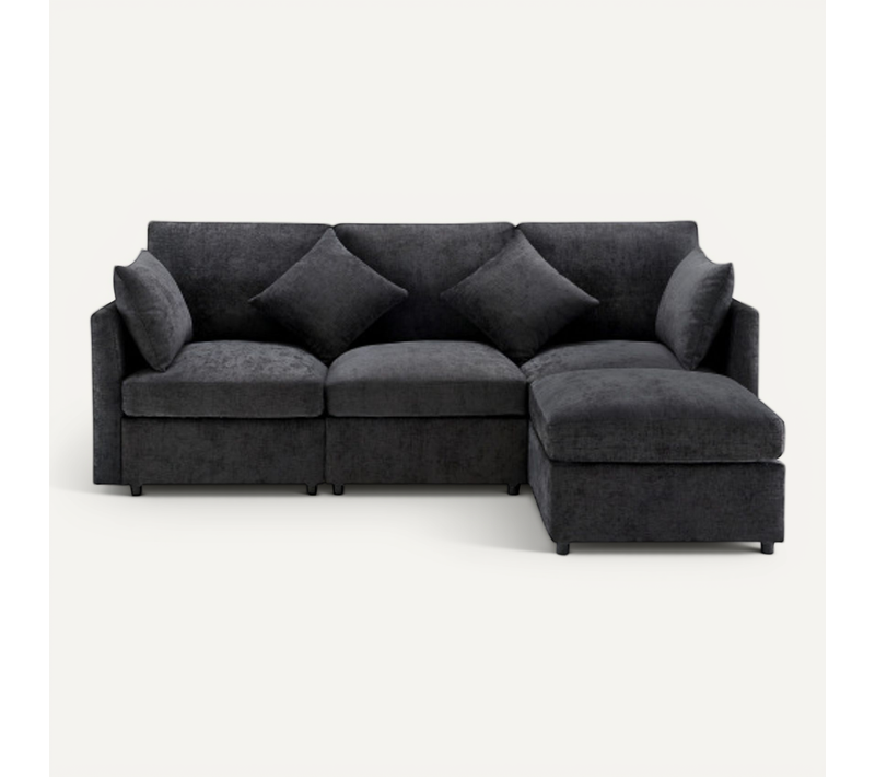Canapé D'angle -3 Places-modulable-avec Pouf Amovible Et 4 Coussins-gris