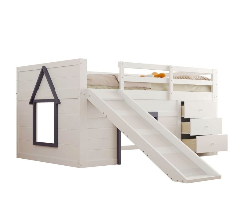 Lit Mezzanine 140 X 200cm Avec 3 Tiroirs, Échelle Et Toboggan Blanc