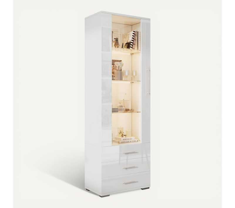 Vitrine Avec LED, 1 Porte Et 3 Tiroirs Blanc