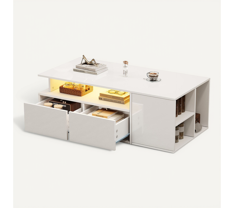 Table Basse Avec 2 Tiroirs Et LED 100 X 50 X 35 Cm Blanc - Table Basse