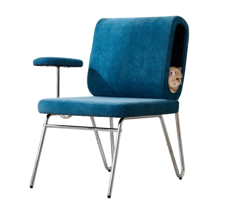 Fauteuil Fixe Avec Pieds En Métal, Panier Pour Chat Et Accoudoirs Commutables Bleu