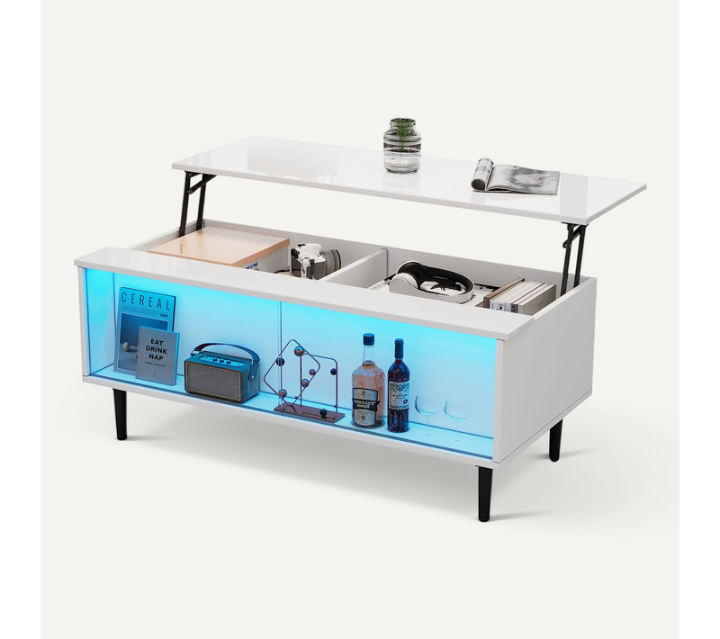 Table Basse Plateau Relevable Avec LED 105 X 50 X 43 Cm Blanc