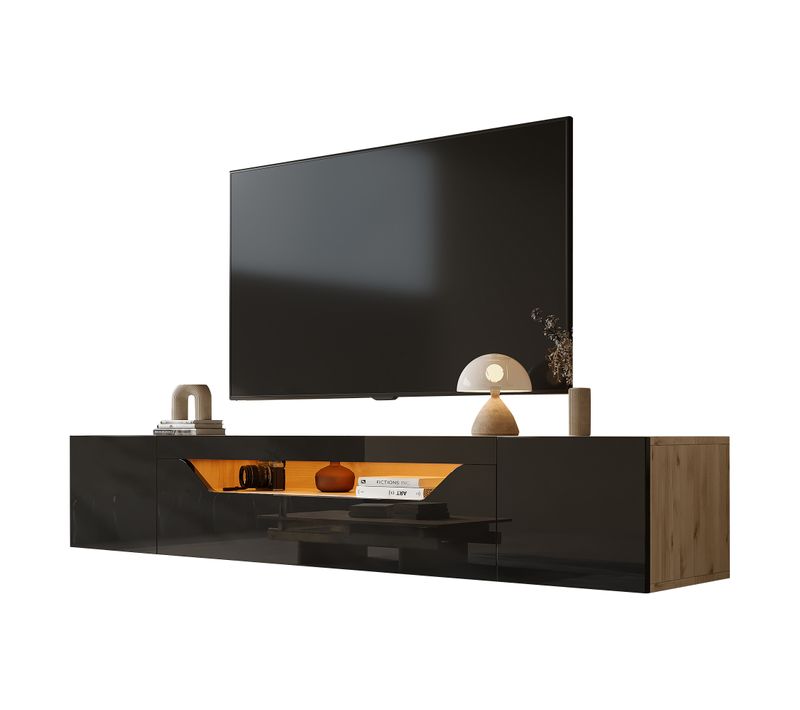 Meuble TV L.180 Cm Avec 3 Portes Et LED Noir