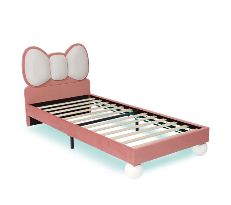 Lit Enfant 90 X 200cm Avec Tête De Lit En Arc Et LED Velours Rose