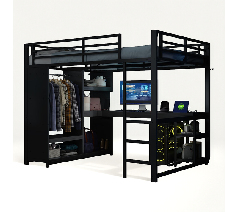 Lit Mezzanine 140 X 200cm Avec Bureau, étagère Et LED Noir