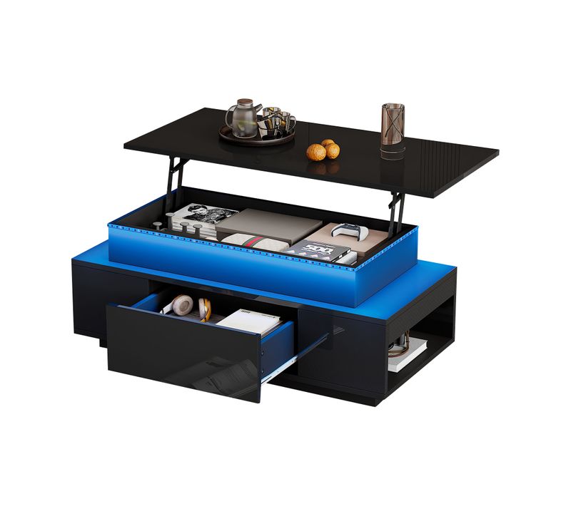 Table Basse Plateau Relevable Avec 1 Tiroir Et LED Noir