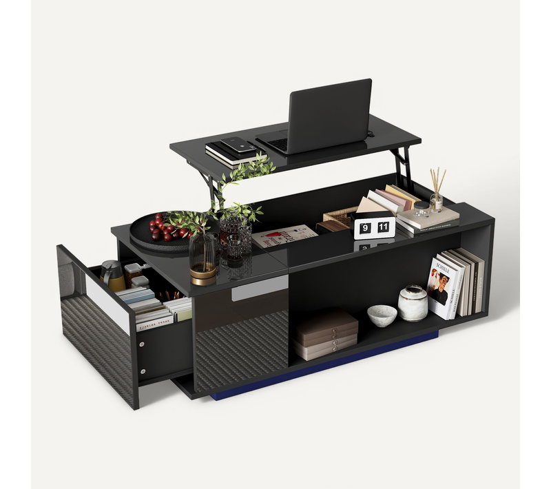 Table Basse Plateau Relevable Avec 1 Tiroir Et LED Noir
