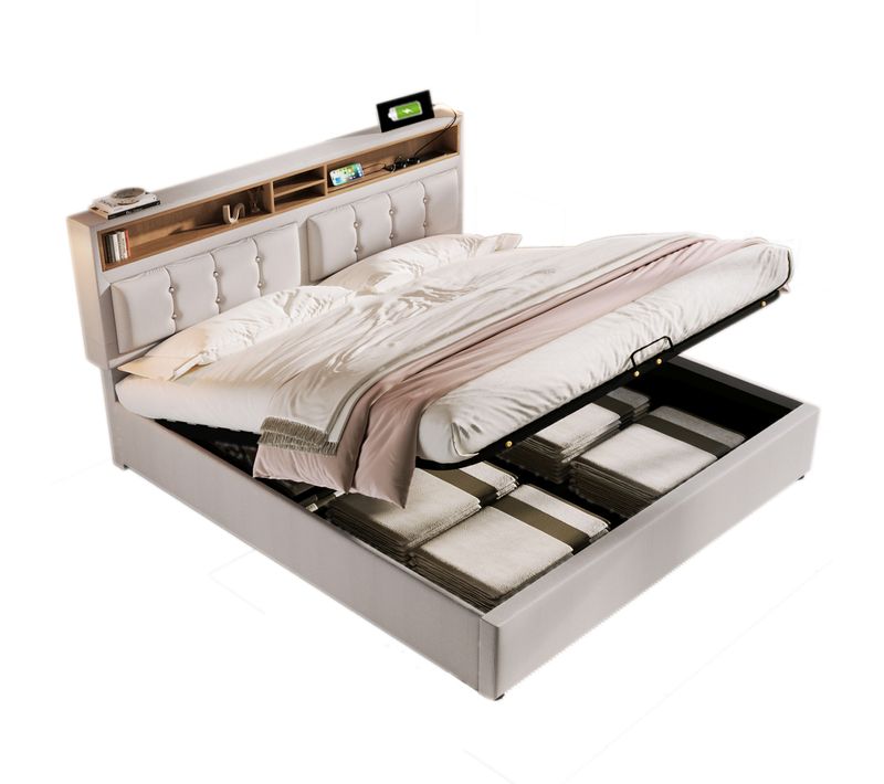 Lit Coffre 140 X 200cm Avec USB Et LED Lin Beige - Lit Double But