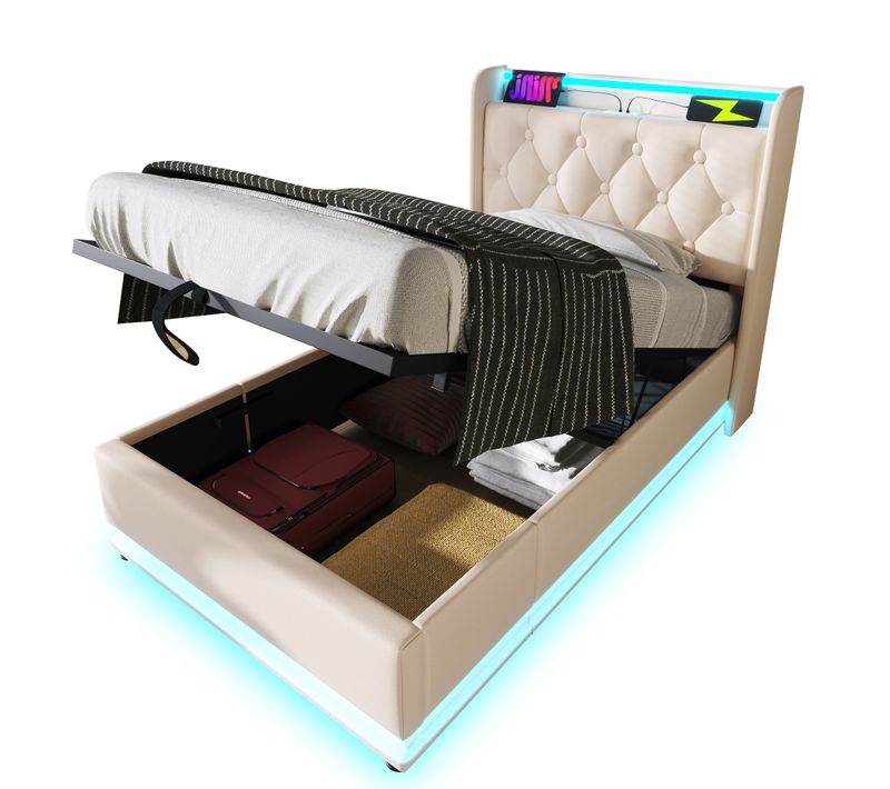 Lit Enfant Coffre 90 X 200cm Avec USB Et LED Pu Blanc