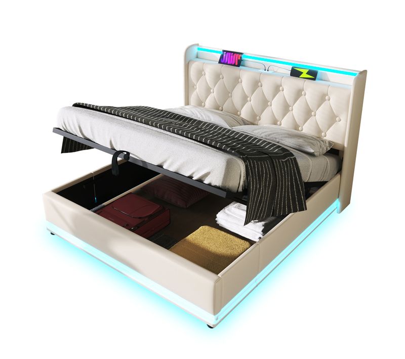 Lit Coffre 180 X 200cm Avec USB Et LED Pu Blanc