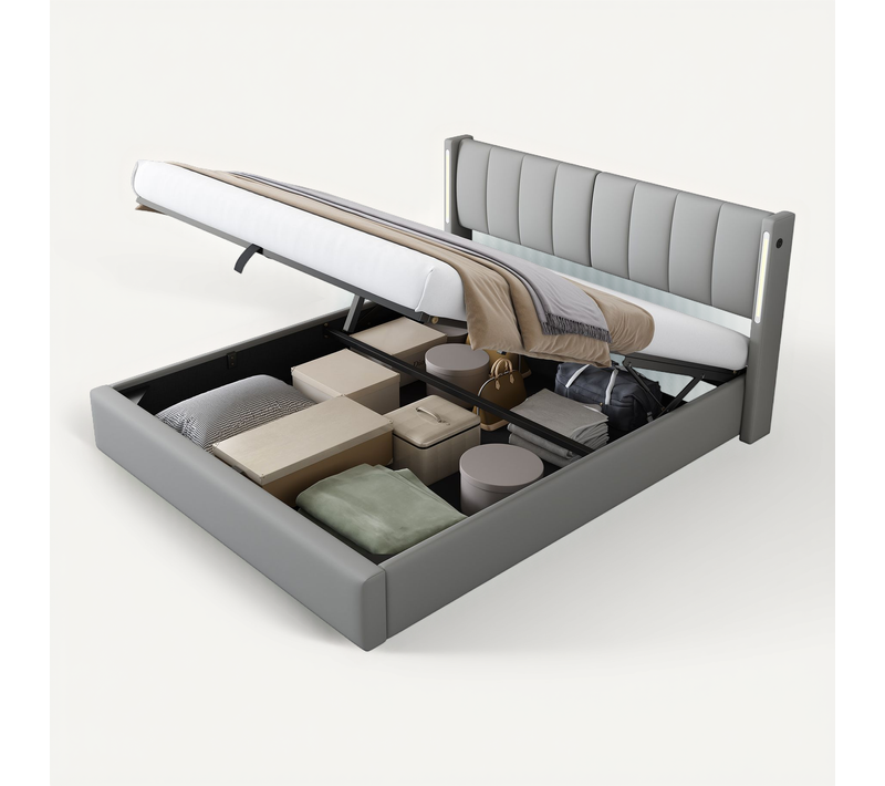 Lit Coffre 140 X 190 Cm Avec USB Et LED Pu Gris