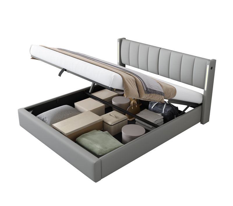 Lit Coffre 180 X 200 Cm Avec USB Et LED Pu Gris