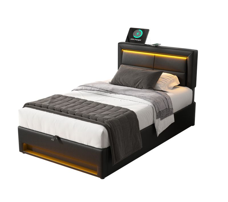 Lit Enfant Coffre 90 X 200 Cm Avec USB Et LED Pu Noir - Lit Avec Rangement But