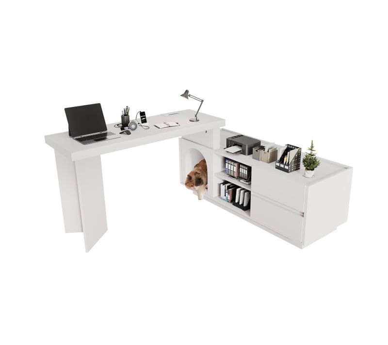 Bureau Angle Avec Plateau Rotatif à 360° Et 2 Tiroirs Blanc