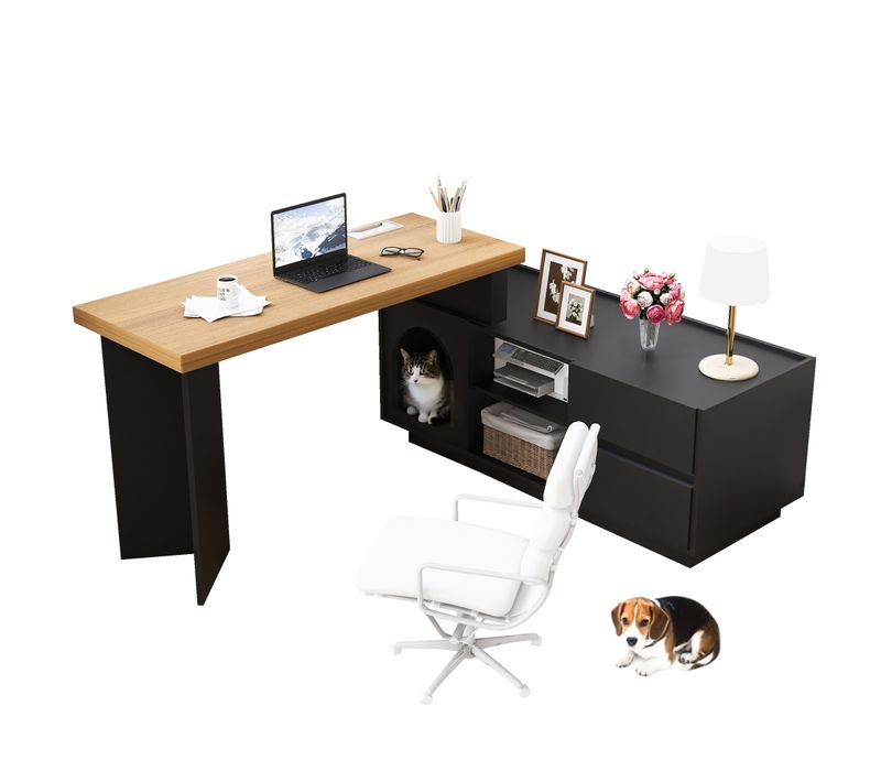 Bureau Angle Avec Plateau Rotatif à 360° Et 2 Tiroirs Noir