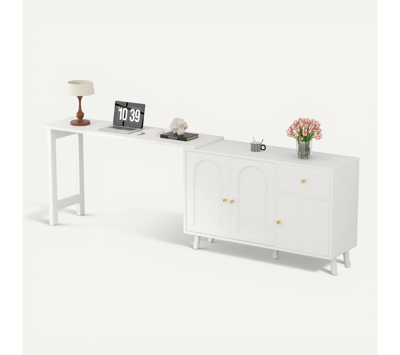 Bureau Droit Avec Plateau Rotatif à 360° , 1 Tiroir Et 3 Portes Blanc