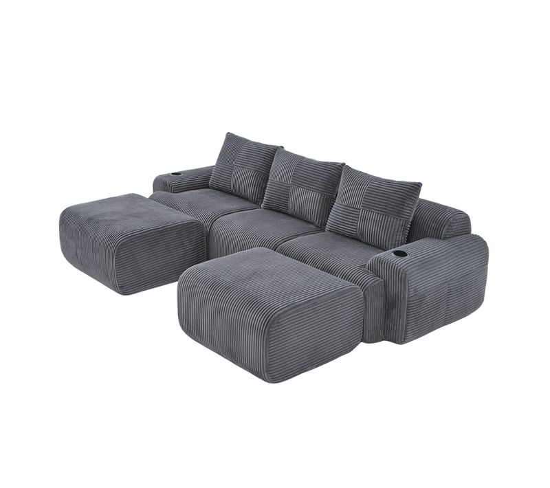 Canapé Modulaire 3 Places Avec 2 Poufs, Porte-gobelet Et Rangement Latéral, Gris Foncé