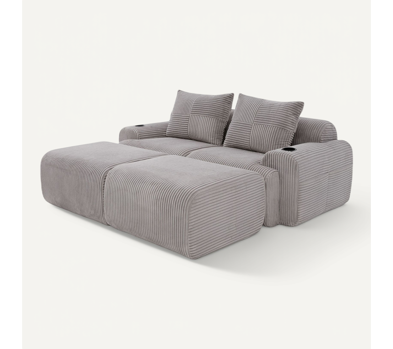 Canapé Modulaire 2 Places Avec 2 Poufs, Porte-gobelet Et Rangement Latéral, Gris Clair