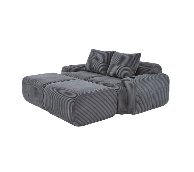 Canapé Modulaire 2 Places Avec 2 Poufs, Porte-gobelet Et Rangement Latéral, Gris Foncé