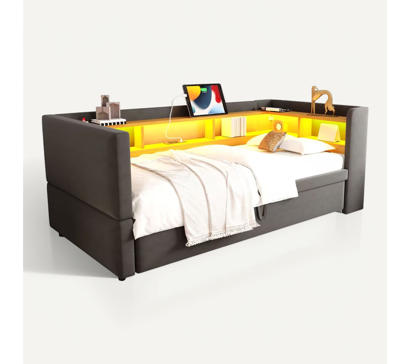 Lit Gigogne 90/180x190 Cm Avec LED, Prises Et Rangements, Gris Foncé