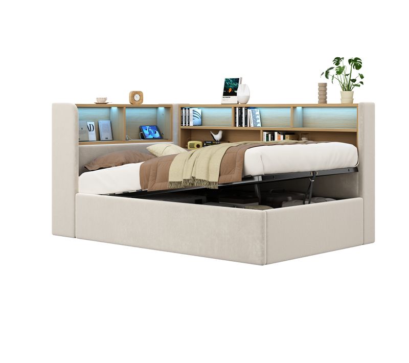 Lit Coffre 90 X 200 Cm Avec LED, USB Et Étagère à Plusieurs Niveaux Velours Beige
