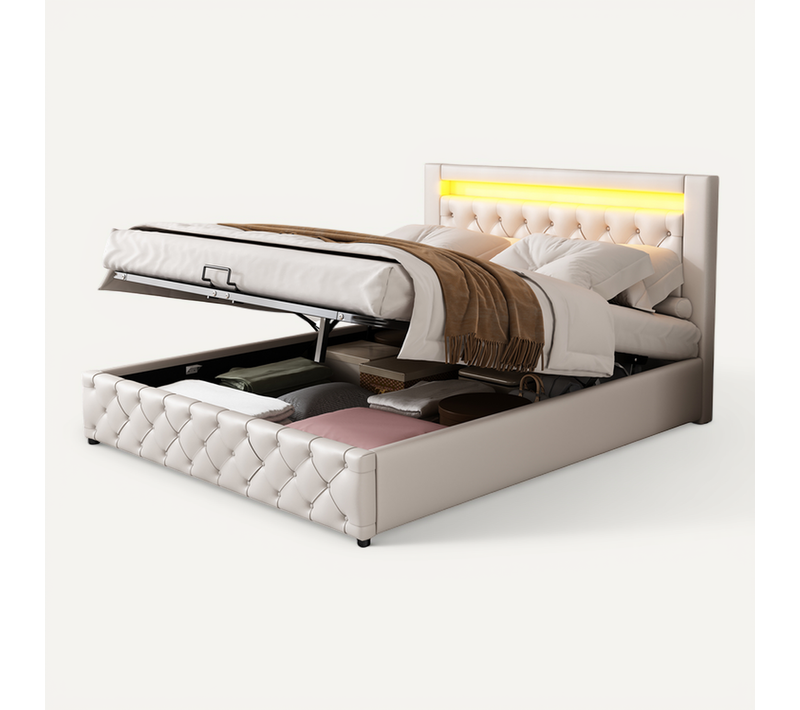 Lit Coffre 140 X 190 Cm Tête De Lit Avec éclairage LED, Blanc, Matériau Pu