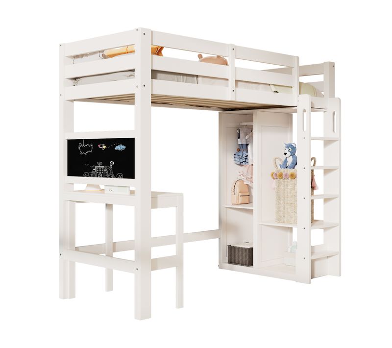 Lit Mezzanine 90x200cm Avec Bureau, Armoire Ouverte Et Étagères Blanc