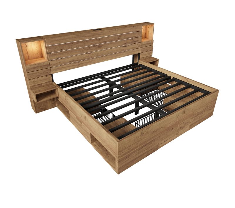 Lit 160x200 Cm Avec LED, USB, 3 Tiroirs, Niche D'éclairage Et Table De Chevet Suspendue En Chêne