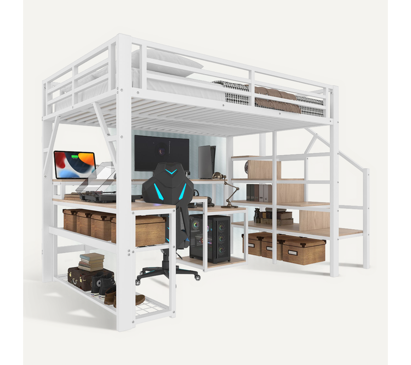 Lit Mezzanine 140 X 200 Cm Avec LED, USB, Bureau Et Escalier De Rangement En Métal Blanc