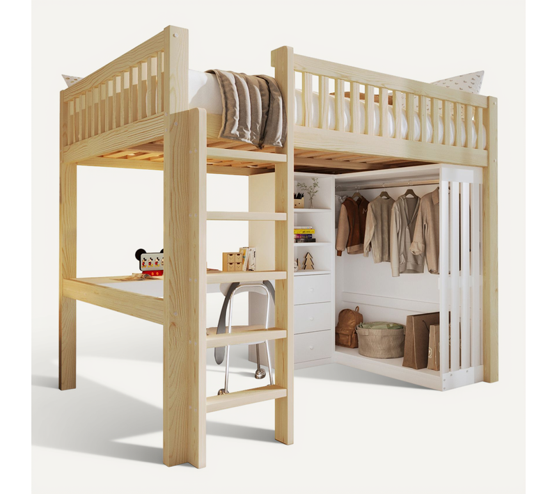 Lit Mezzanine 140 X 200cm Avec Bureau, 3 Tiroirs, 3 étagères Et Penderie Imitation Chêne