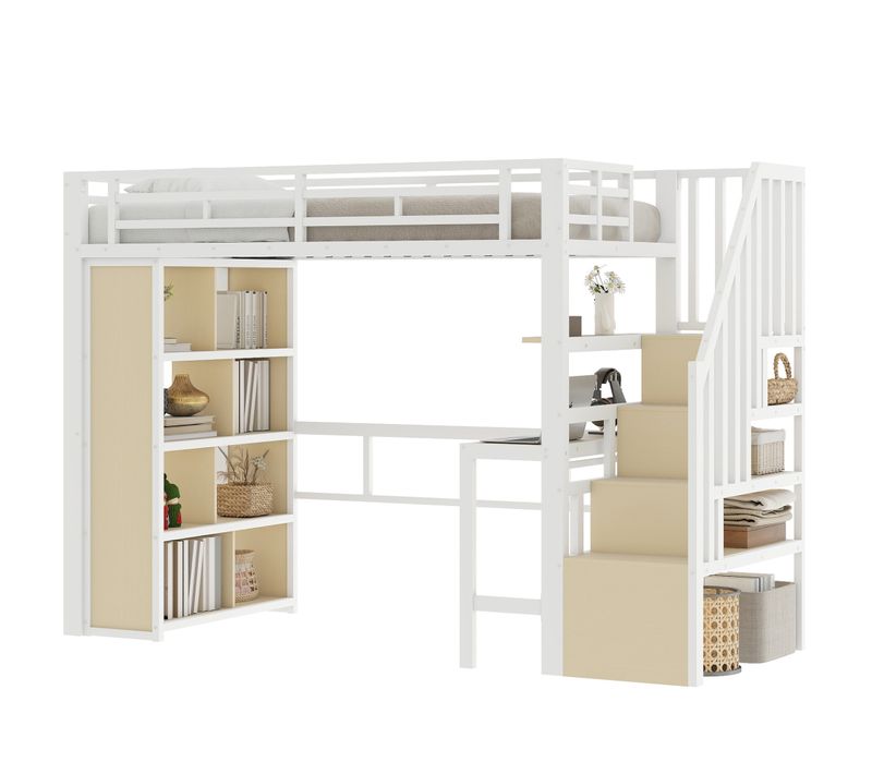 Lit Mezzanine 90 X 200cm Avec Bureau, Étagère, LED Et Escalier Avec Espace De Rangement Métal Blanc