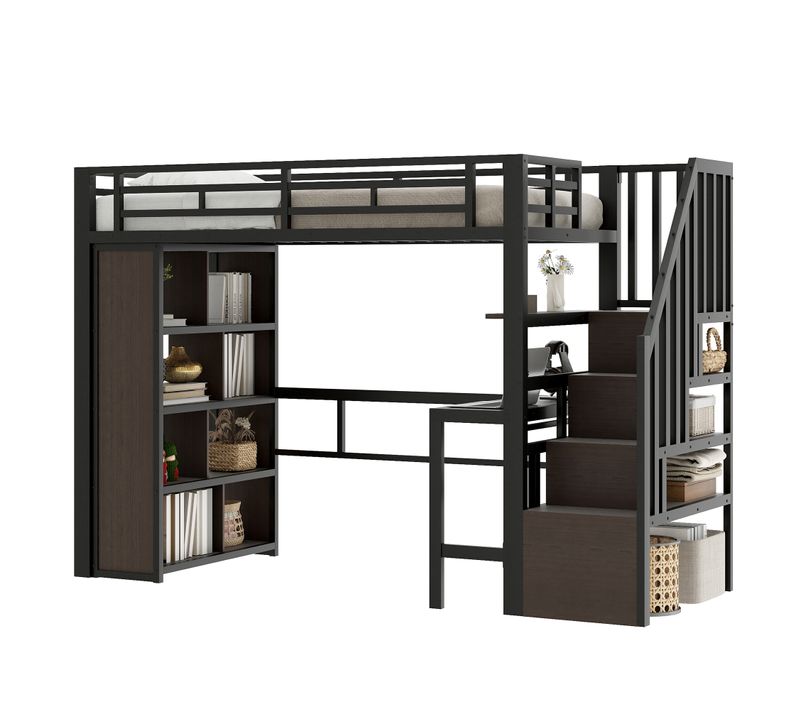 Lit Mezzanine 90 X 200cm Avec Bureau, Étagère, LED Et Escalier Avec Espace De Rangement Métal Noir