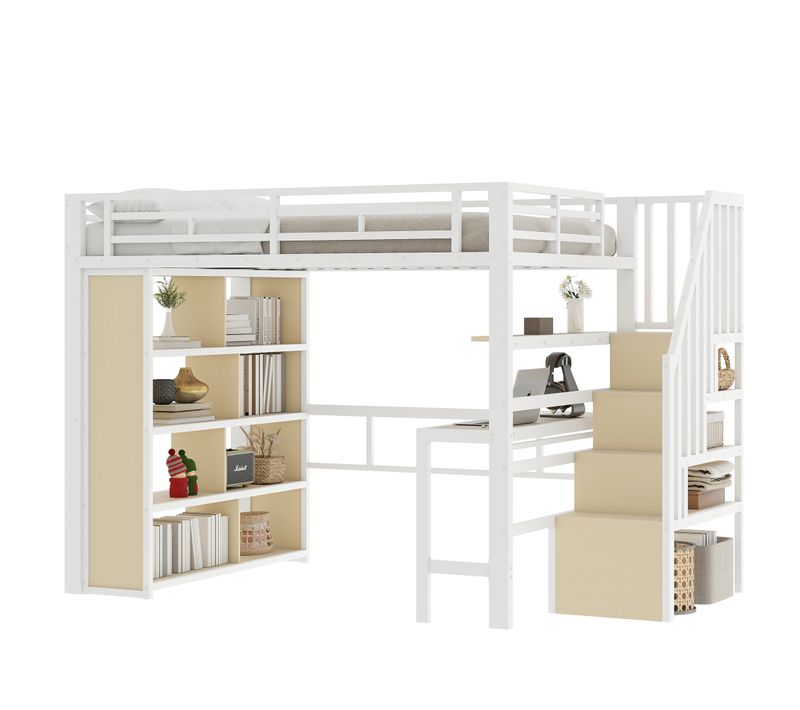 Lit Mezzanine 140 X 200cm Avec Bureau, Étagère, LED Et Escalier Avec Espace De Rangement Métal Blanc