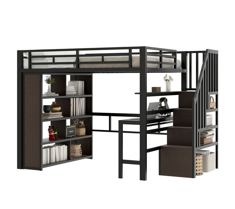 Lit Mezzanine 140 X 200cm Avec Bureau, Étagère, LED Et Escalier Avec Espace De Rangement Métal Noir