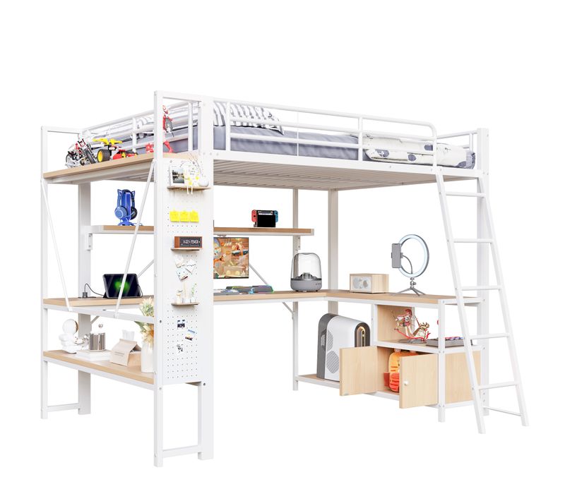 Lit Mezzanine 140 X 200cm Avec LED, USB, Bureau， Casiers Et Étagères Blanc
