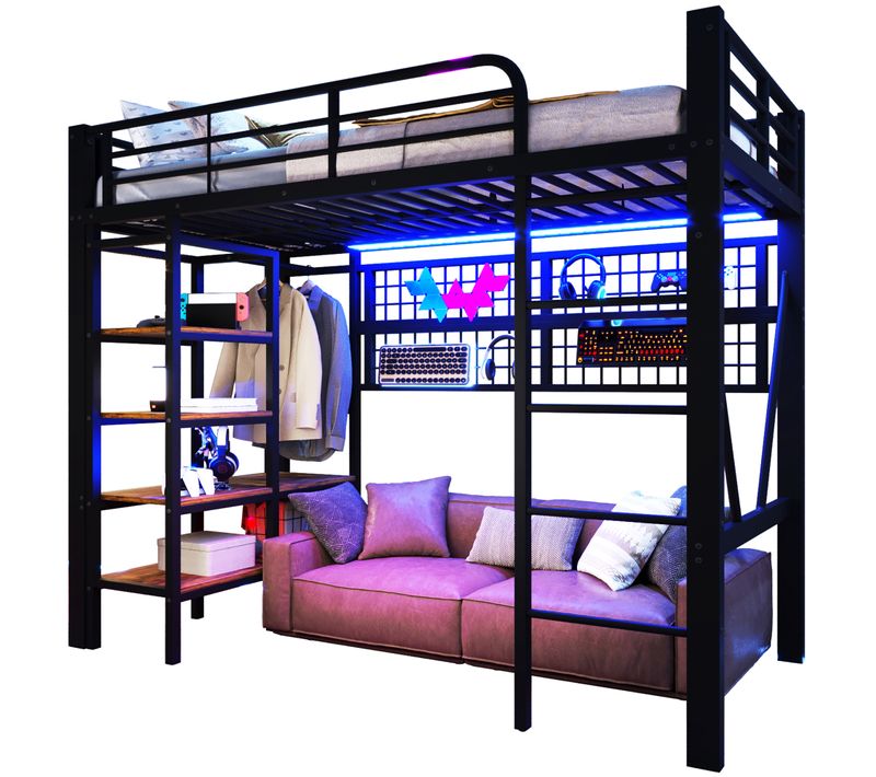 Lit Mezzanine 90 X 200cm Avec LED, Tringles à Vêtements Et Étagères à Plusieurs Niveaux Noir