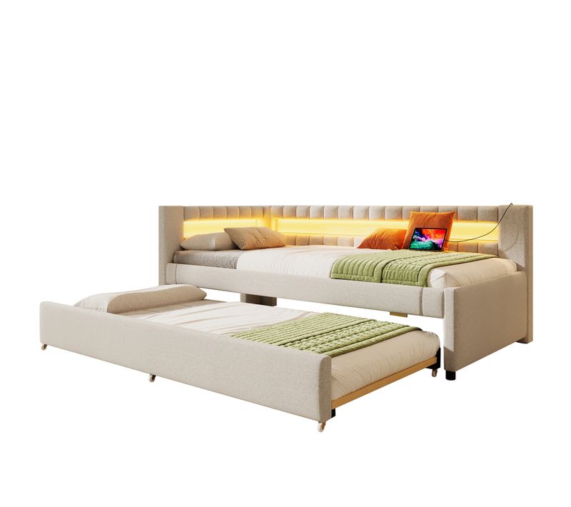 Lit Gigogne 90 X 200cm Avec Port USB Et Tête De Lit LED En Forme De L Lin Beige