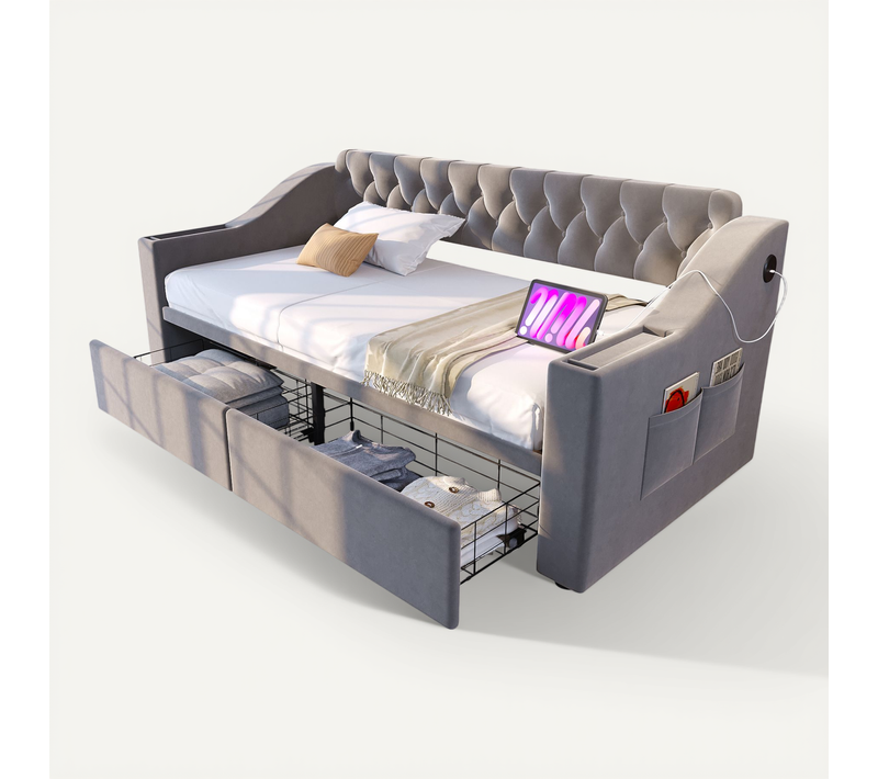 Lit Enfant Lit Banquette 90 X 190cm Avec USB Et 2 Tiroirs Velours Gris Clair