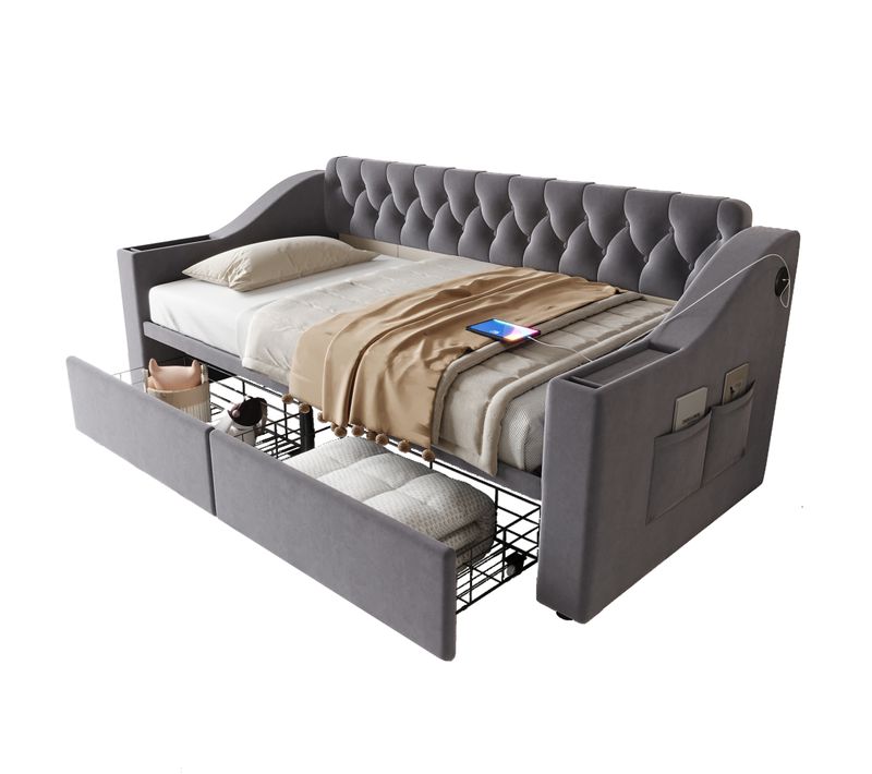 Lit Enfant Lit Banquette 90 X 190cm Avec USB Et 2 Tiroirs Velours Gris