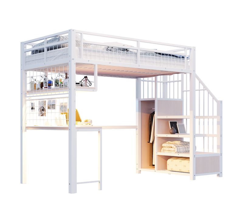 Lit Mezzanine 90 X 200 Cm Avec LED Bureaux, Escalier De Rangement Et Étagères En Métal Blanc