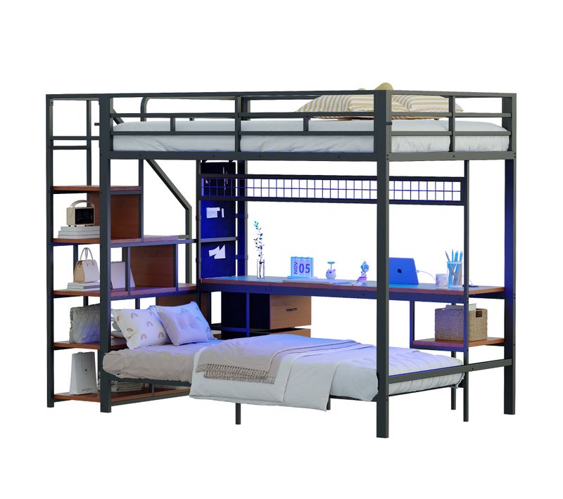 Lit Mezzanine 140 X 200cm + 90 X 200cm Avec LED, 2 Tiroirs, Bureau Et Escalier Avec Étagères Noir
