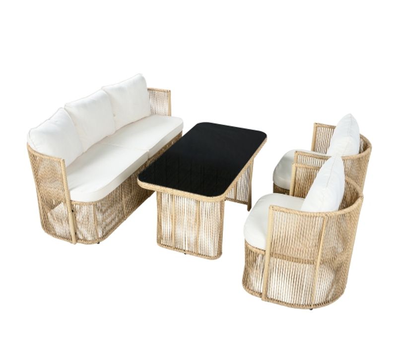 Meuble De Jardin-salon De Jardin-en Pe‑rotin-en Verre Trempé, 160 Kg/chaise-beige