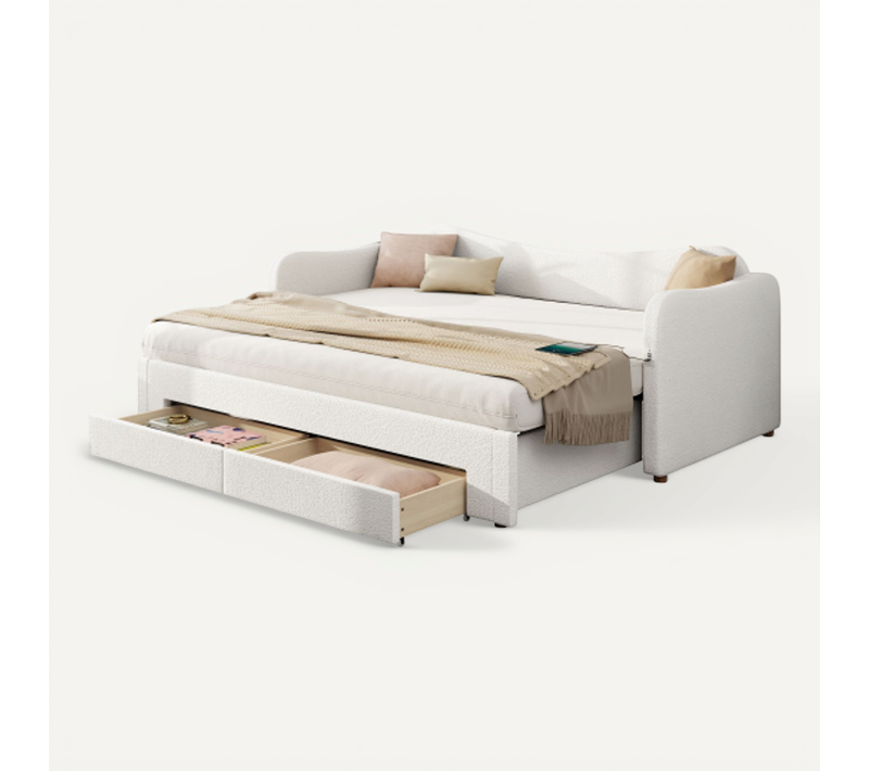 Lit Gigogne 90x200cm-canapé-lit-avec 2 Tiroirs-usb-en Bouclé-beige