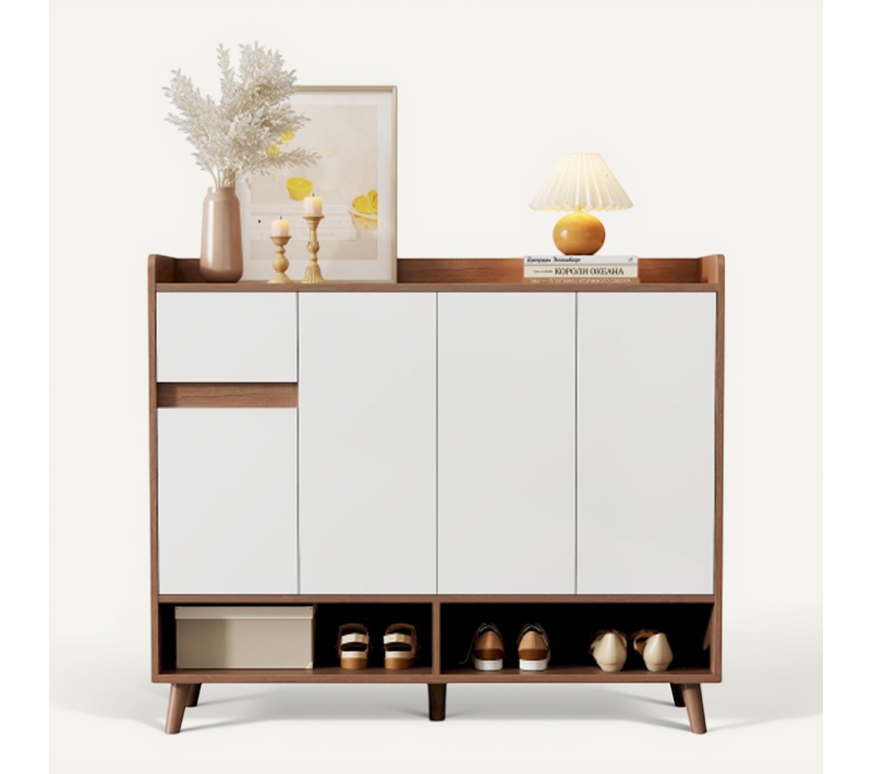 Meuble à Chaussures-4 Portes Et 1 Tiroir-fin 35 Cm-anti-basculement-blanc Et Naturel