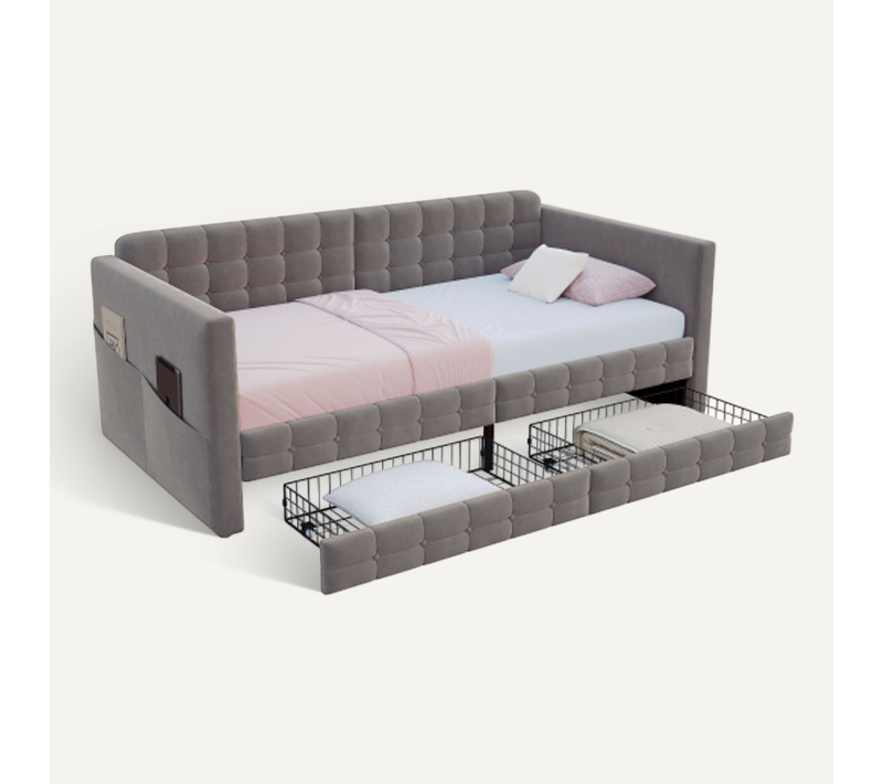 Lit Enfant 90x190 Cm Avec Rangement, 2 Tiroirs Sous Le Lit, Gris