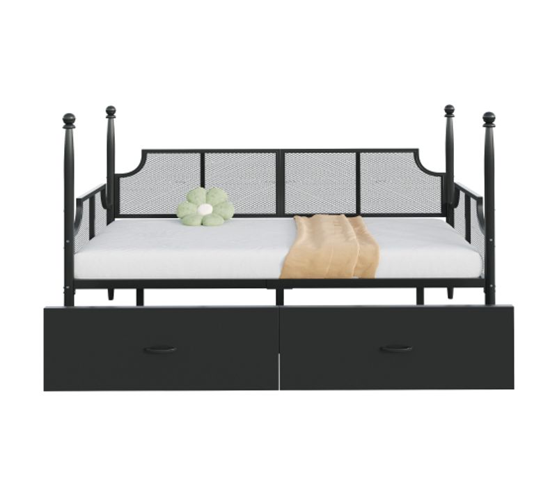 Lit Enfant 90x200 Cm En Métal Avec Dossier Grille, Accoudoirs Et 2 Rangements, Noir