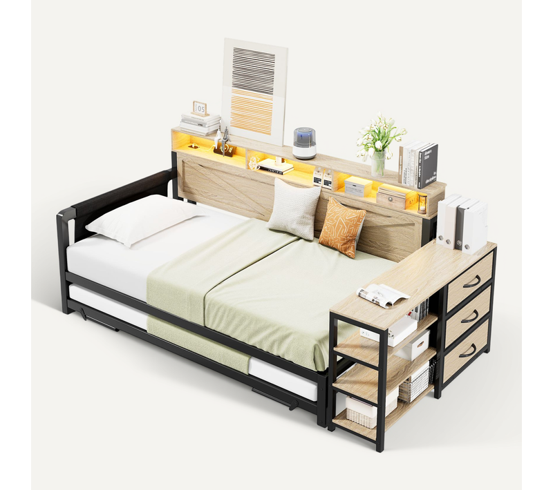 Lit Gigogne 90x200/190 Cm En Métal Avec Rangement, LED Et Port USB, Noir