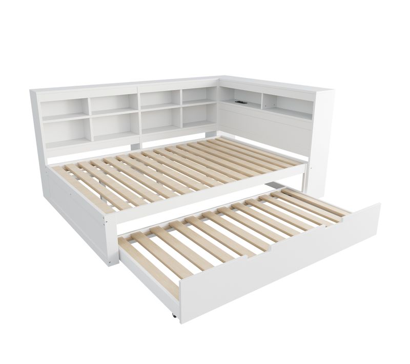 Lit Gigogne 140x200 Cm Avec Lit Supplémentaire 90x190, USB Et Rangement, Blanc