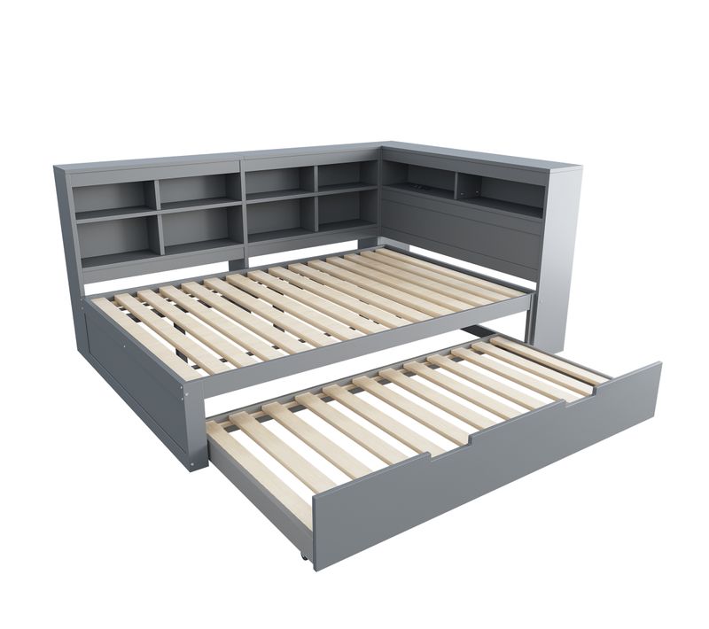 Lit Gigogne 140x200 Cm Avec Lit Supplémentaire 90x190, USB Et Rangement, Gris