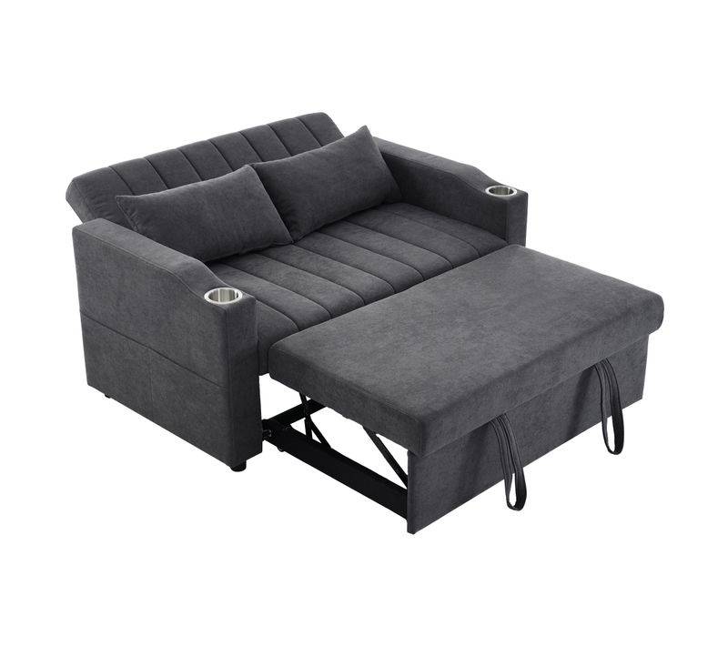 Canapé Convertible 2 Places Avec Dossier Réglable, Porte-gobelet Et Coussins, Gris